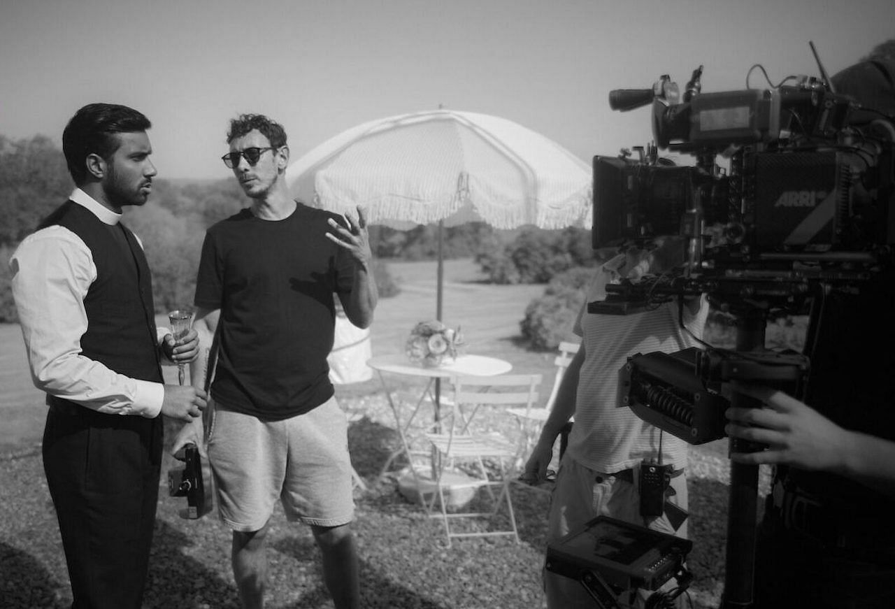 Behind-the-scenes photo of Rishi Nair and Al Weaver during the filming of the ninth season of the crime mystery series Grantchester. (Image via pbs.org)